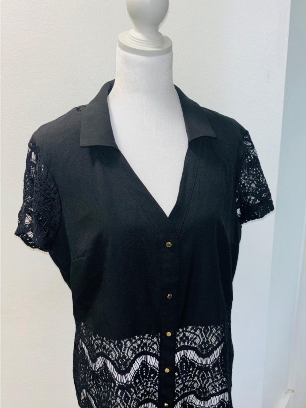 bebe Black Short-Sleeve Button-Front Top with Lace Panels